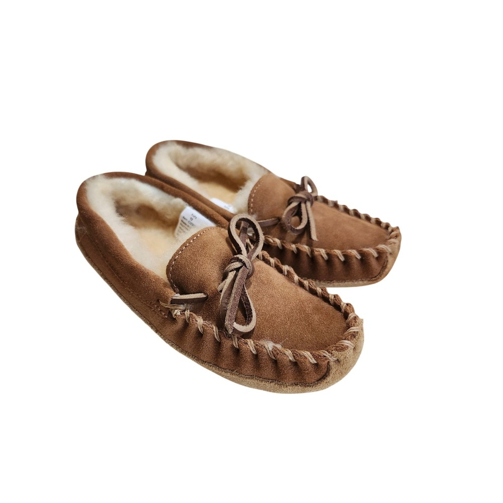 LL Bean Wicked Good Moccasins Kids Size 12 Brown Shearling Lined Suede Slippers